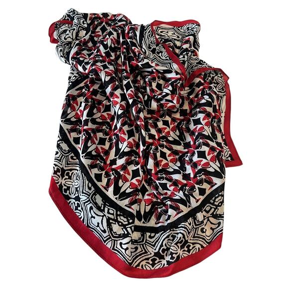 Chicos Womens Scarf One Size Black Red Luxe Heels Print Rayon Silk Square - Picture 1 of 7